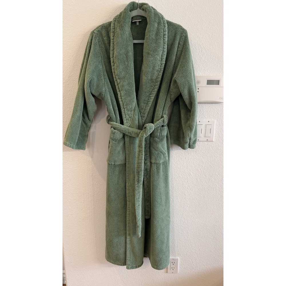 Yves Delorme Robe Womens Small Green Terry Cotton Kimono Belted Lounge Bath